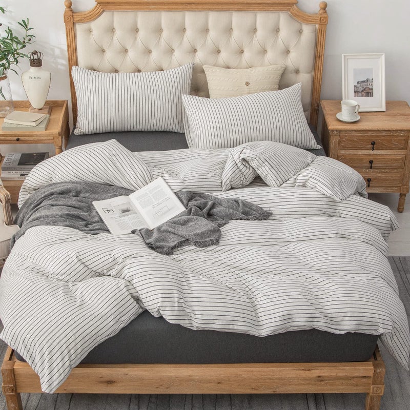 PURE ERA Jersey Knit Duvet Cover Set 100% T-Shirt Heather Cotton Super Soft Comfy Classic Striped Design, with Zipper Closure, Heather White & Black Pinstripe, King - Image 4
